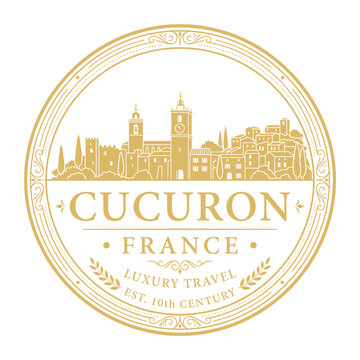 Elegant gold circular logo of Cucuron France village skyline luxury travel vector illustration