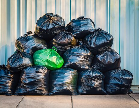 a pile of black and green trash bags outside a loading dock warehouse garbage recycling waste disposal