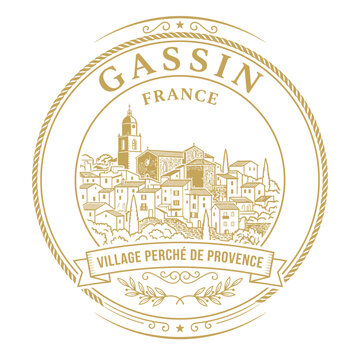 Gassin France hilltop village crest with gold sketch illustration isolated vector