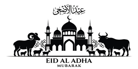 Beautiful white and black Mosque Eid al Adha Mubarak Illustration on White Background © sabia