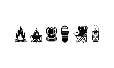 Fototapeta premium Campfire and camping equipment vector silhouette for outdoor leisure and recreation.