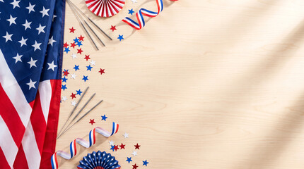 Obraz premium Red White and Blue Festive Background with Star Pattern Fabric and Party Decorations