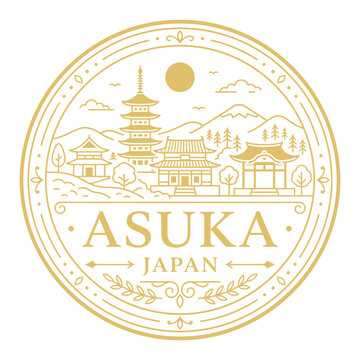 Elegant Asuka Japan travel emblem featuring pagoda and mountain landscape gold line art vector