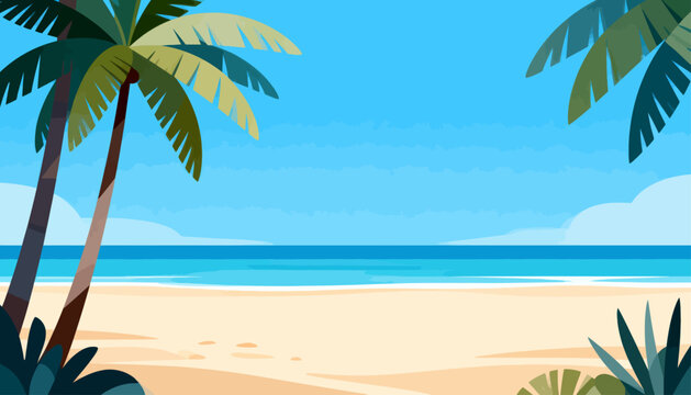 Sunlit beach with tall palm trees swaying gently. Soft sand meets turquoise ocean under clear blue sky. Faint clouds drift lazily overhead. Tropical scene evokes calm, vacation, and relaxation