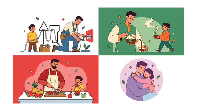 Collage of Father and Son Moments: Four distinct illustrations capture the heartwarming bond between a father and son.