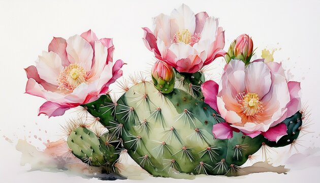 a whical watercolor painting showcases delicate pink and white cactus blossoms blooming atop a verdant prickly pear on a white background