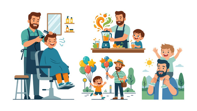 Fatherhood Journey: Scenes of everyday fatherhood showing a father and child creating joyful memories together, from the barber to the park.