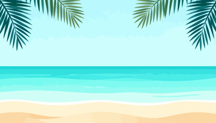 Obraz premium Soft sand meets gentle turquoise waves. Palm fronds frame the serene ocean sky. Cool breeze whispers through tropical leaves. Perfect beachscape invites calm relaxation. Ideal for travel, vacation