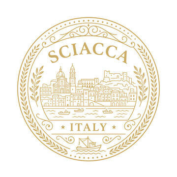 Vintage gold Sciacca Italy emblem featuring city skyline and harbor vector illustration