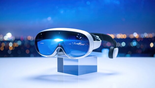 Futuristic Virtual Reality Headset Displaying Digital Interface.