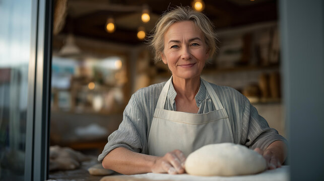 Elderly woman relaunching her artisan bakery after bankruptcy, standing in small empty storefront rolling dough alone at dawn, flour dusting her apron, sun barely rising through