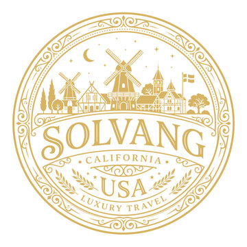 Vintage Solvang California travel emblem featuring windmills and Danish architecture gold vector illustration
