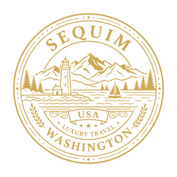 Vintage Sequim Washington travel seal with lighthouse and mountains gold vector illustration