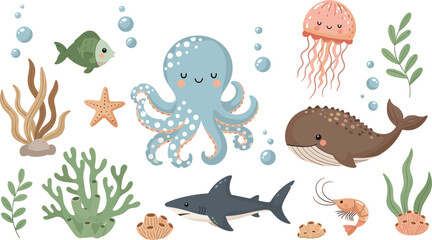 Cute sea animals collection with octopus whale shark jellyfish fish and coral, cartoon vector illustration of underwater marine life isolated on light background © MdNazmul