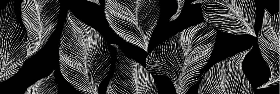 White line art leaves creating seamless pattern black background. White line art leaves form a repeating botanical pattern on a black background