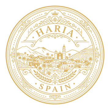 Haria Spain vintage circular travel seal featuring village landscape and church gold vector illustration