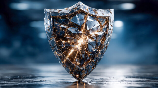 Shattered Glass Shield with Glowing Cracks. Fragility of Social Protection, Illusion of Security, and Psychological Vulnerability Concept.