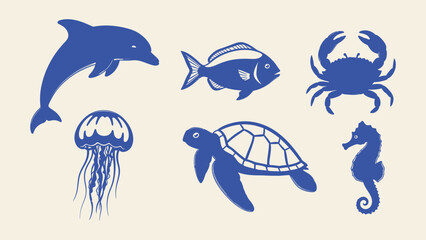 Vector set of blue sea creature icons including dolphin, fish, crab, jellyfish, turtle, and seahorse. Representing marine biodiversity and ocean life © Zyariss