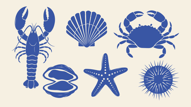Blue nautical sea life vector icons including lobster, crab, and starfish. Ideal for seafood restaurant menus, coastal branding, and summer beach themes