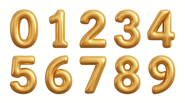 Golden balloons in the shape of numbers on a white background