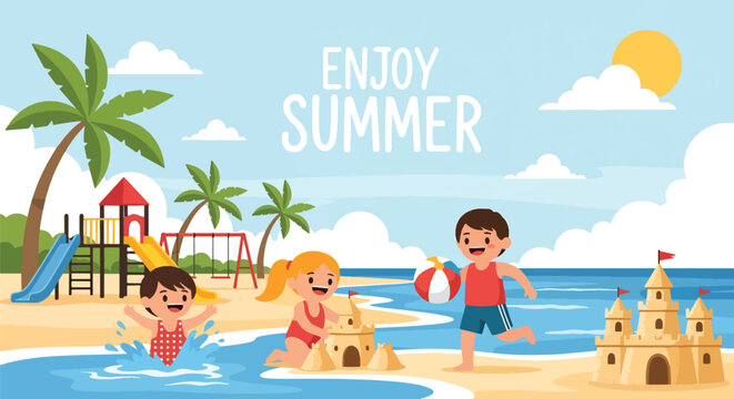 Flat style vector illustration of happy kids playing on the beach, building sandcastle and splashing water, representing summer vacation, fun outdoor activities, and childhood joy