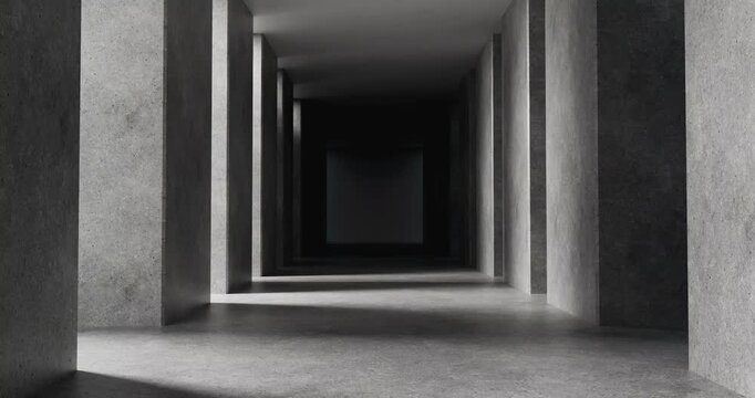 An animation of a quiet, empty concrete hallway depicted in a 3D rendering of a minimalist-style architectural interior