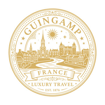 Vintage gold Guingamp France luxury travel emblem with city skyline vector illustration
