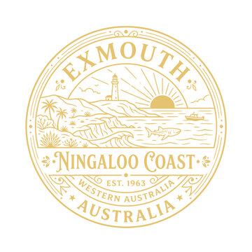 Vintage Exmouth Ningaloo Coast Australia badge with whale shark and lighthouse vector