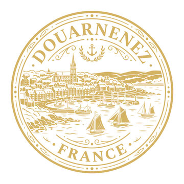 Vintage circular gold seal of Douarnenez France coastal harbor and sailboats vector illustration