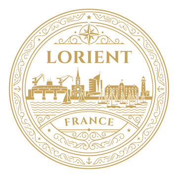 Vintage gold Lorient France maritime skyline emblem with sailboats and lighthouse vector illustration
