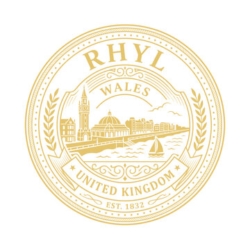 Vintage Rhyl Wales United Kingdom circular seal with coastal cityscape vector illustration