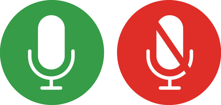 Microphone and mute microphone icon set audio sound symbol green red vector illustration