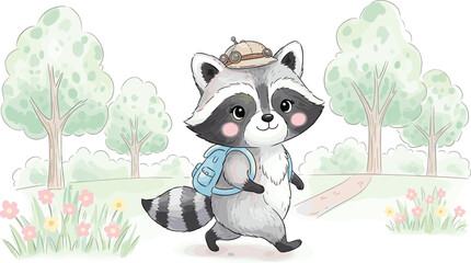 Cute raccoon traveler wearing hat and backpack walking through forest path with flowers in soft pastel illustration © MDMuradul