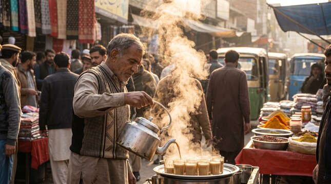 Pakistani Tea Stall Owner Serving Chai in Busy Market
