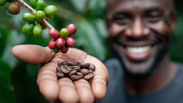 Tracking shot of man holding coffee cherries and roasted beans in plantation with smiling face and outstretched hand