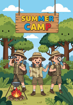 Flat style vector illustration poster of kids exploring nature at summer camp in forest, representing adventure, outdoor learning, scouting, and fun educational activities