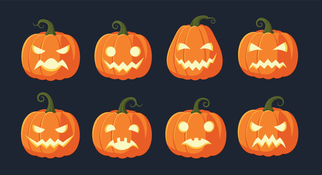 Collection of eight unique pixel art jack-o-lantern pumpkins with different spooky and funny facial expressions.