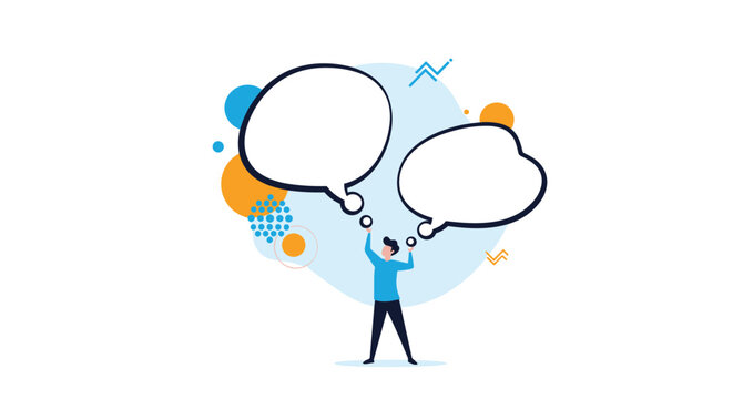 Man standing between two large empty speech bubbles representing thoughts or a conversation in a flat vector style.