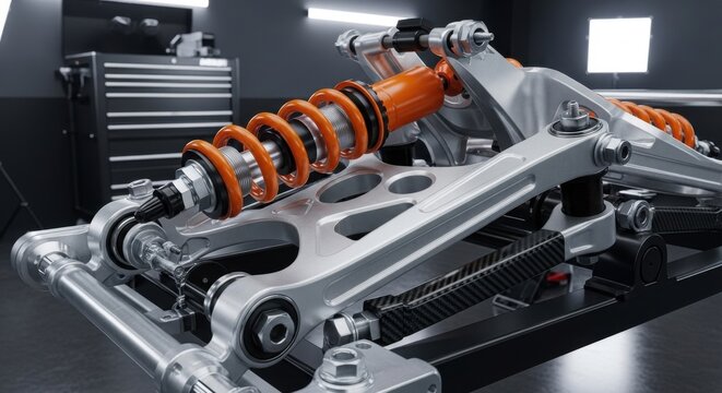 high-performance automotive suspension system with orange coilovers in modern workshop
