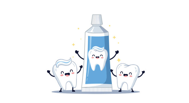 Happy cartoon teeth characters standing next to a tube of toothpaste with sparkling stars for dental health education.