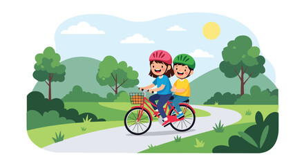Flat style vector illustration of kids riding a bicycle together in a park, representing active lifestyle, outdoor adventure, friendship, and healthy childhood activities in summer © Amie