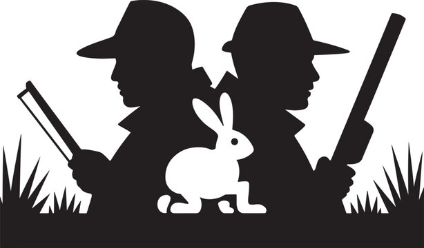 Black and white silhouette of two hunters with a white rabbit icon in a field