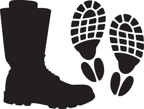 Black silhouette of a work boot and two rubber sole footprints on a white background