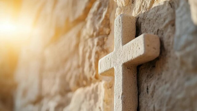 A close view shows a cross carved into ancient stone on a wall. Sunlight reflects on the stone creating a warm glow. The setting is near an old town rich in history
