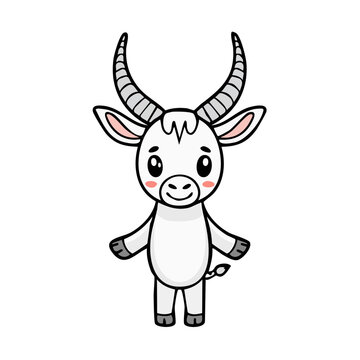 Cute cartoon antelope character standing friendly with large curved horns and big eyes