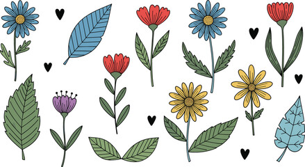 Hand drawn flowers and leaves collection with cute hearts, floral botanical elements in doodle style, colorful vector illustration for spring design, decoration, and romantic themes © MdNazmul