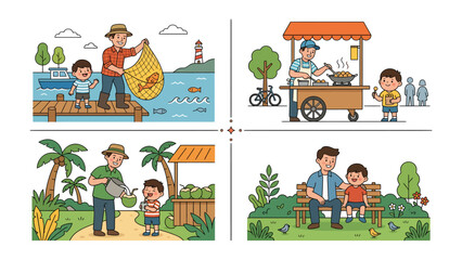 Fototapeta premium Four Panels of Family Fun: A charming collection of four illustrated scenes depicting a father and son enjoying various activities.