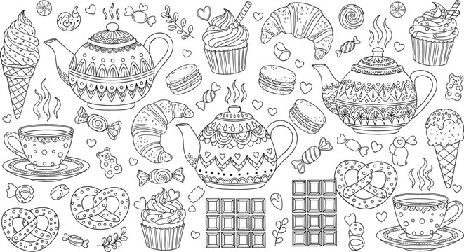 Hand drawn tea time doodle vector pattern with teapot, cupcakes, croissants, macarons, candy and sweets in detailed black and white outline style