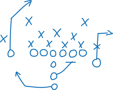 This vibrant hand-drawn blue line diagram meticulously illustrates a complex American football offensive strategy, showcasing player positions with distinct circles for offense and crosses for defence