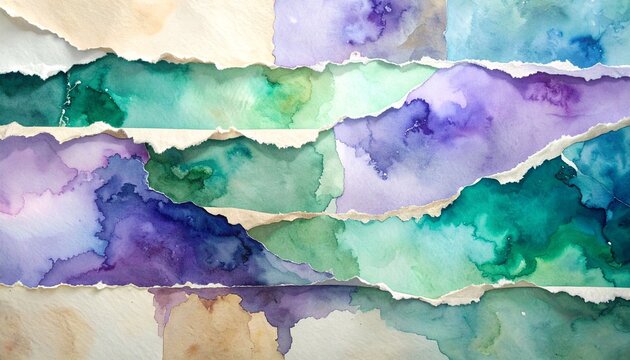 Collage of torn recycled paper edges, muted jewel tones, subtle watercolor bleeds at the seams.
